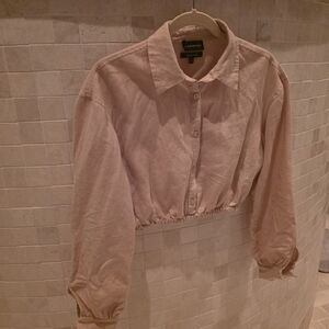 Carbon38 Linen Crop Top Blouse Button Up XS